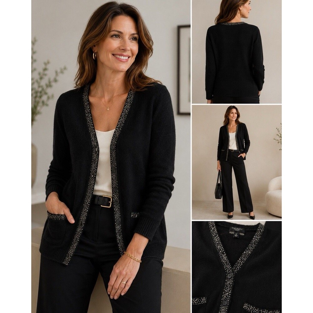 Talbots Black Lambswool Angora Beaded Trim Cardigan Sweater Size X Open Front
